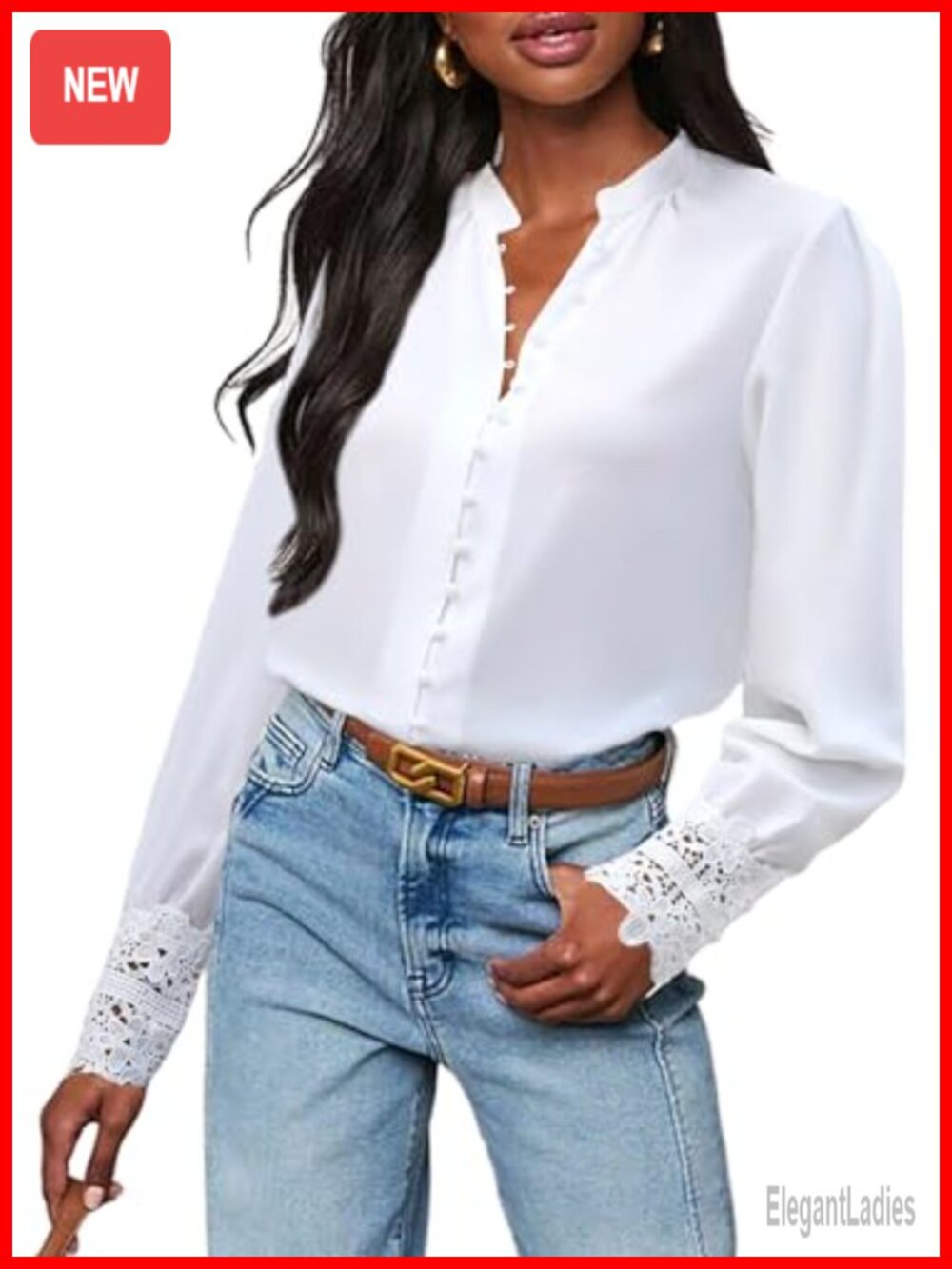 Womens Chiffon Button Down Blouse Lace Cuff Long Sleeve Business Shirt